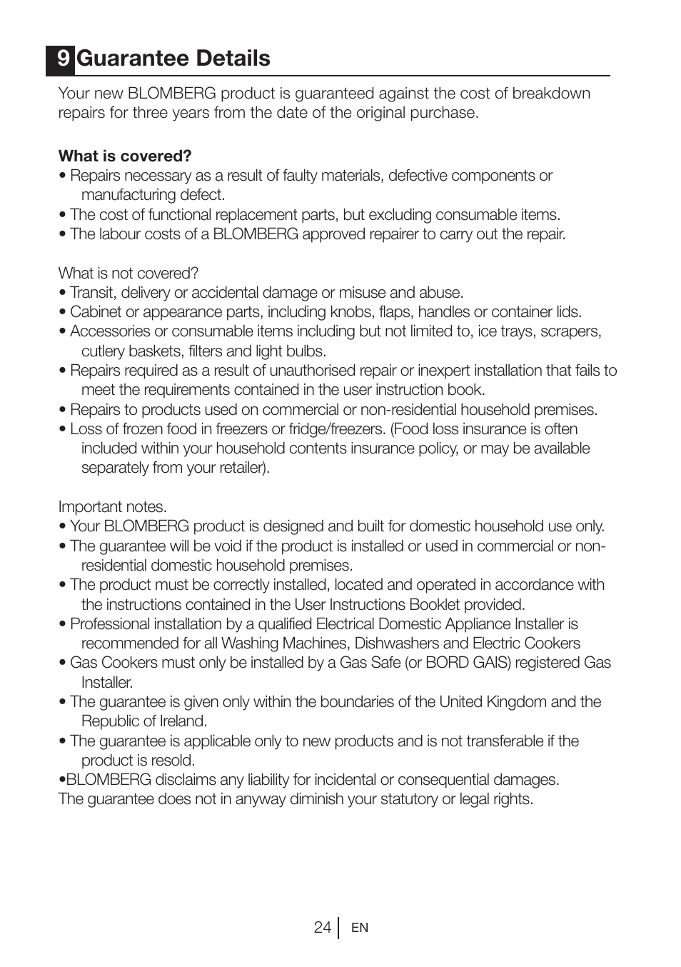 9guarantee details | Blomberg KGM 9680 User Manual | Page 24 / 25