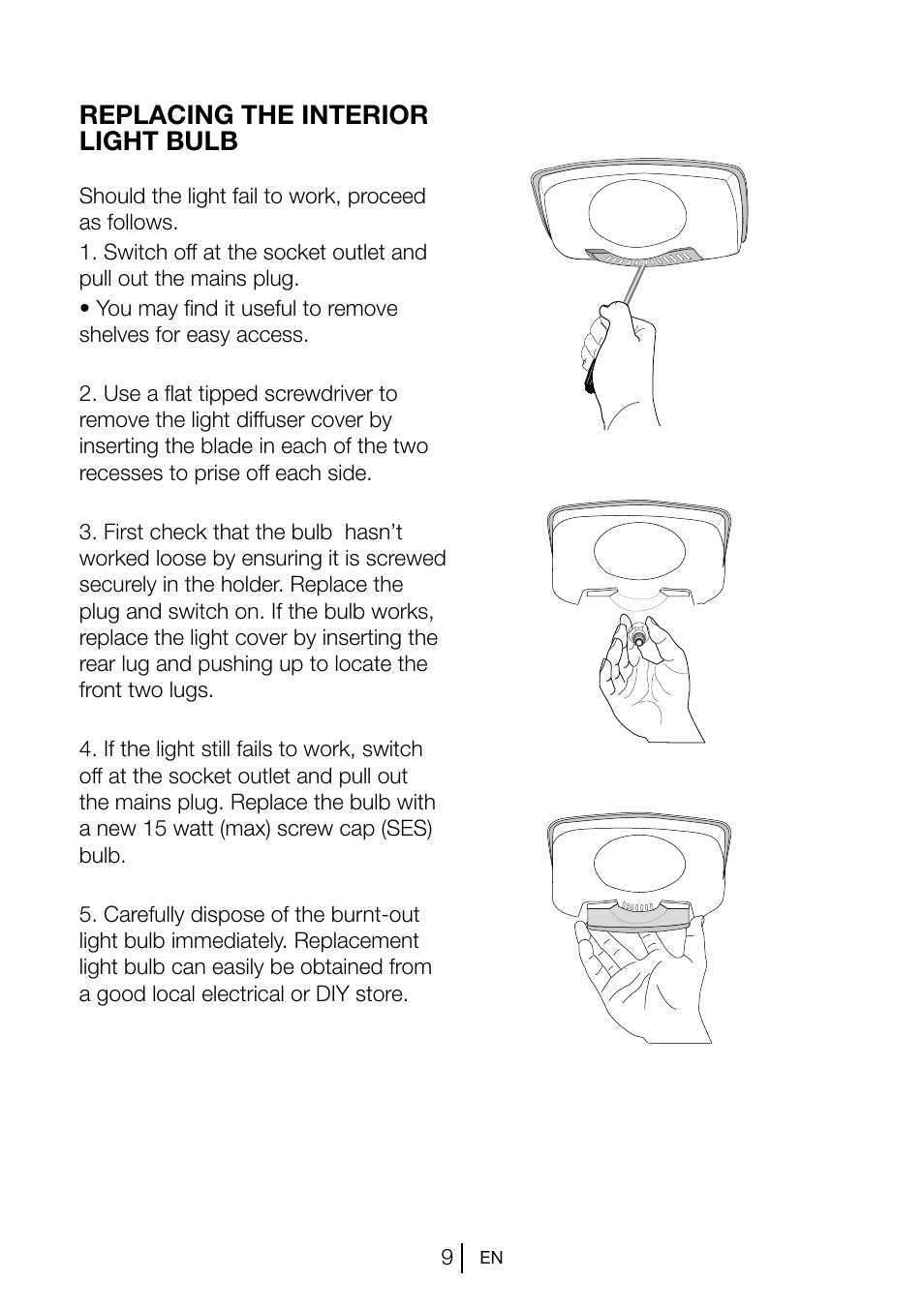 Replacing the interior light bulb | Blomberg KGM 9690 User Manual | Page 10 / 25