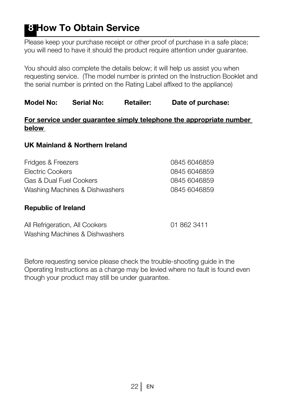 8how to obtain service | Blomberg KGM 9690 User Manual | Page 23 / 25