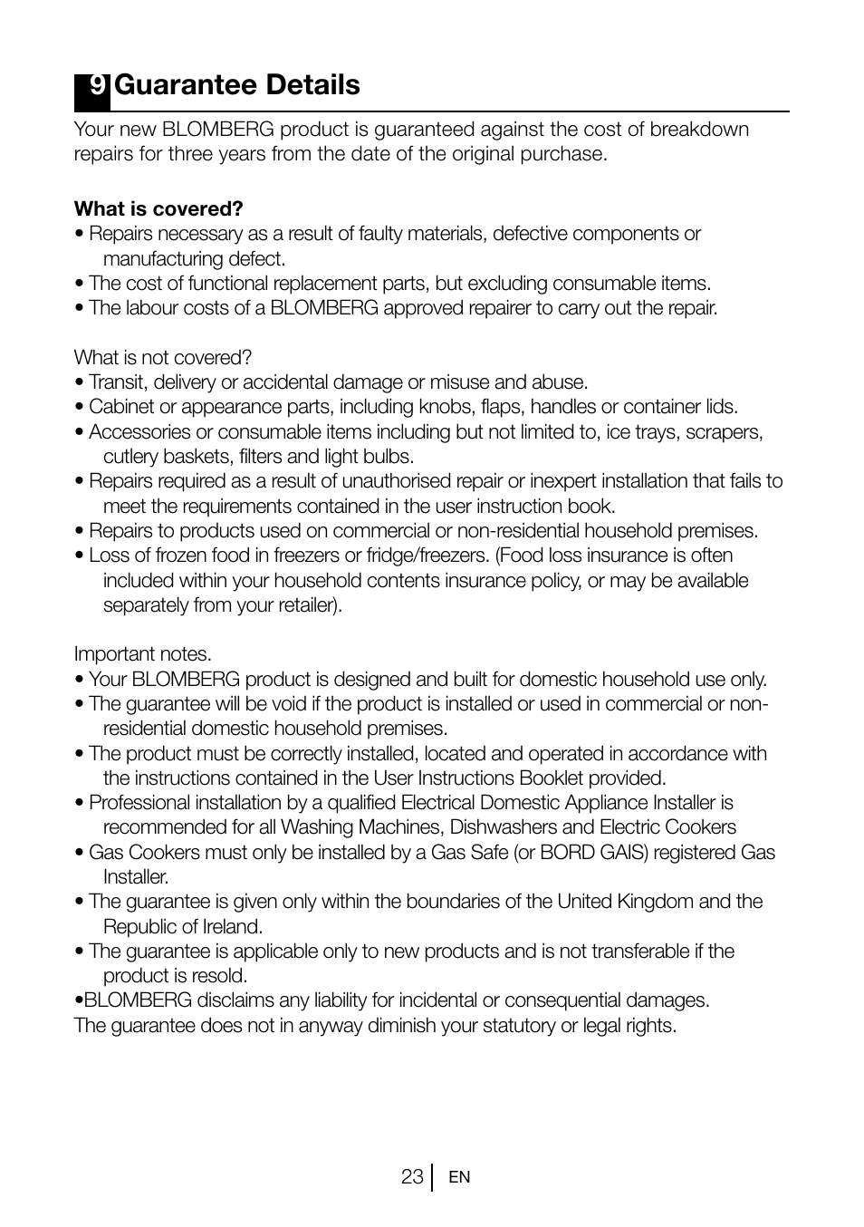 9guarantee details | Blomberg KGM 9690 User Manual | Page 24 / 25