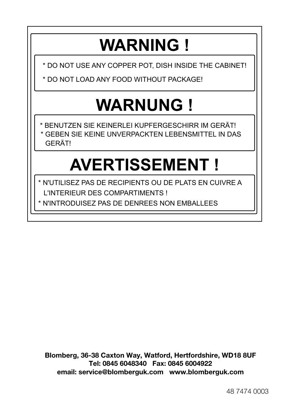 Warning, Warnung, Avertissement | Blomberg KGM 9690 User Manual | Page 25 / 25