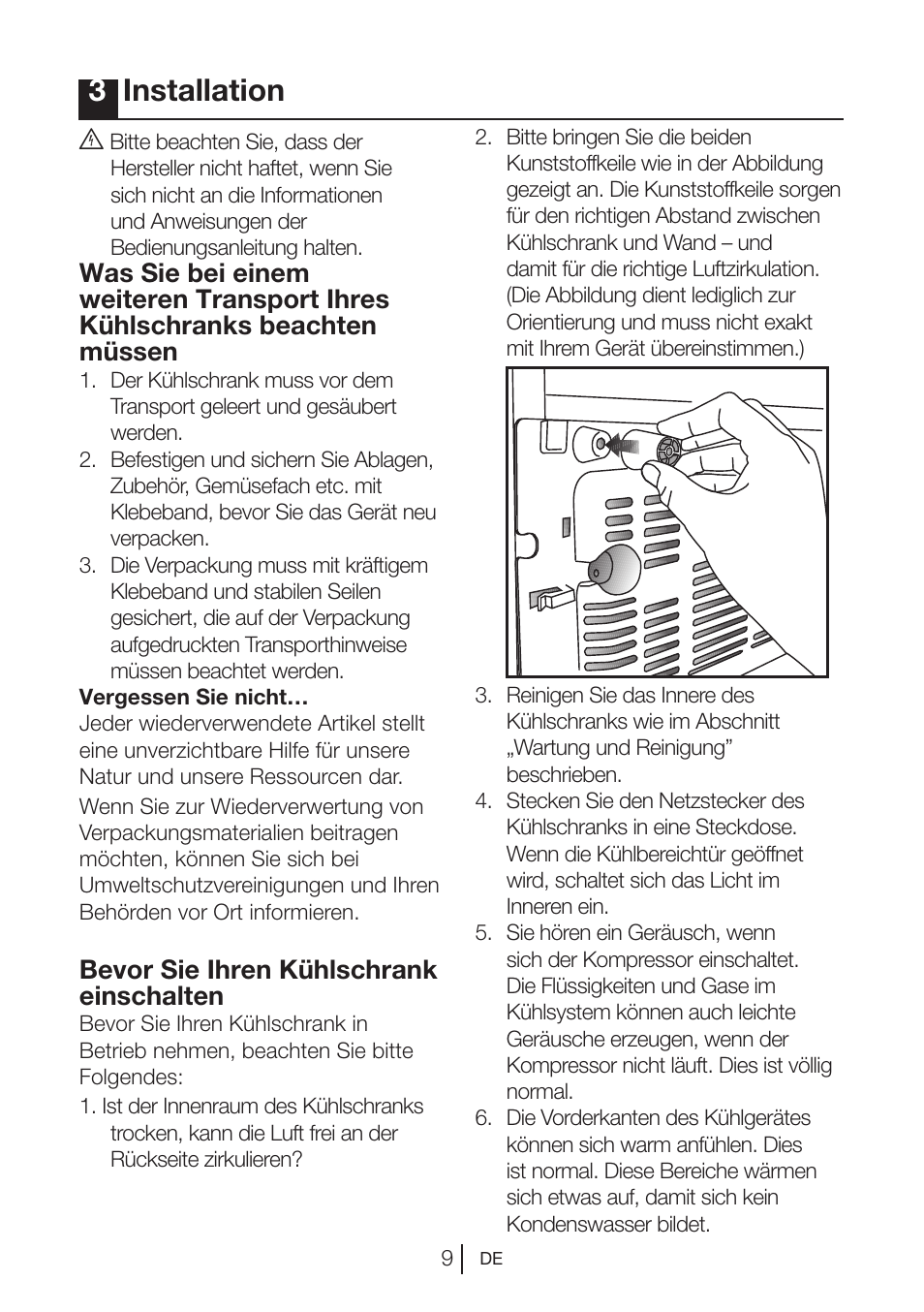 3installation, Bevor sie ihren kühlschrank einschalten | Blomberg MKND 9860 PA+ User Manual | Page 10 / 97