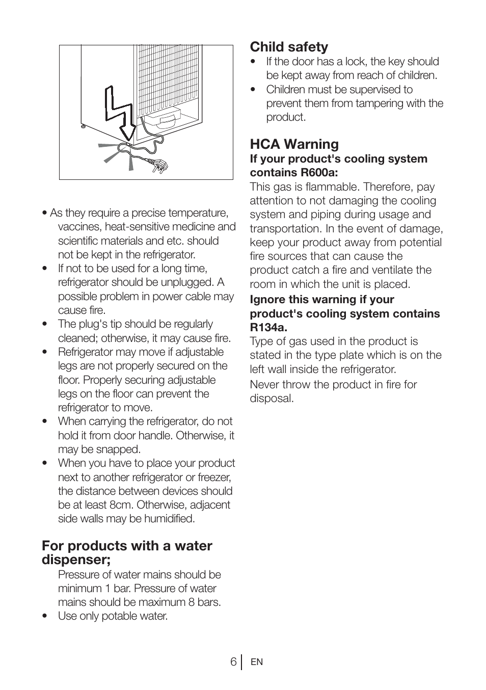 For products with a water dispenser, Child safety, Hca warning | Blomberg MKND 9860 PA+ User Manual | Page 32 / 97