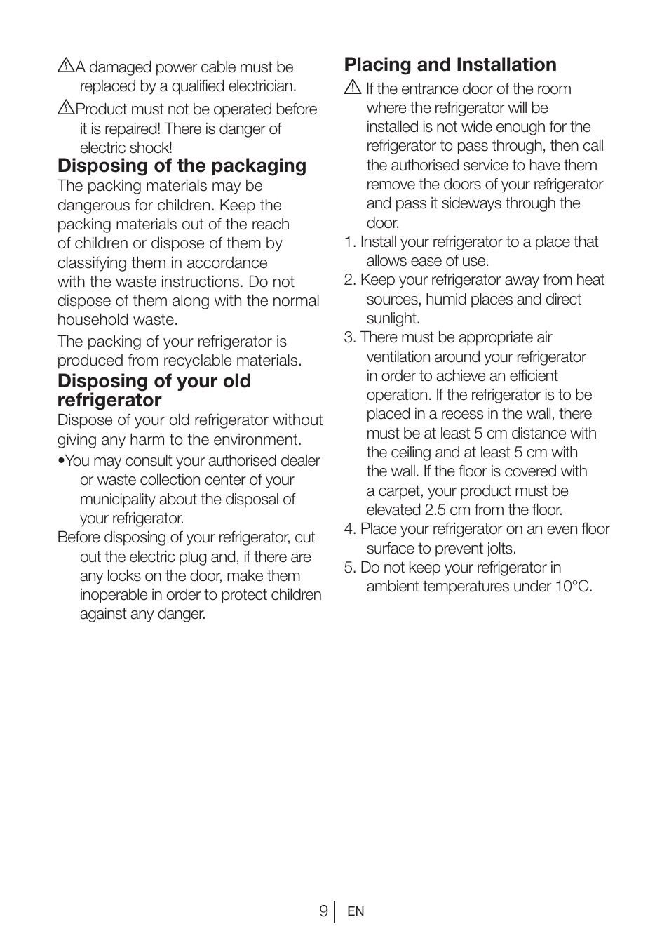 Placing and installation a, Disposing of the packaging, Disposing of your old refrigerator | Blomberg MKND 9860 PA+ User Manual | Page 35 / 97