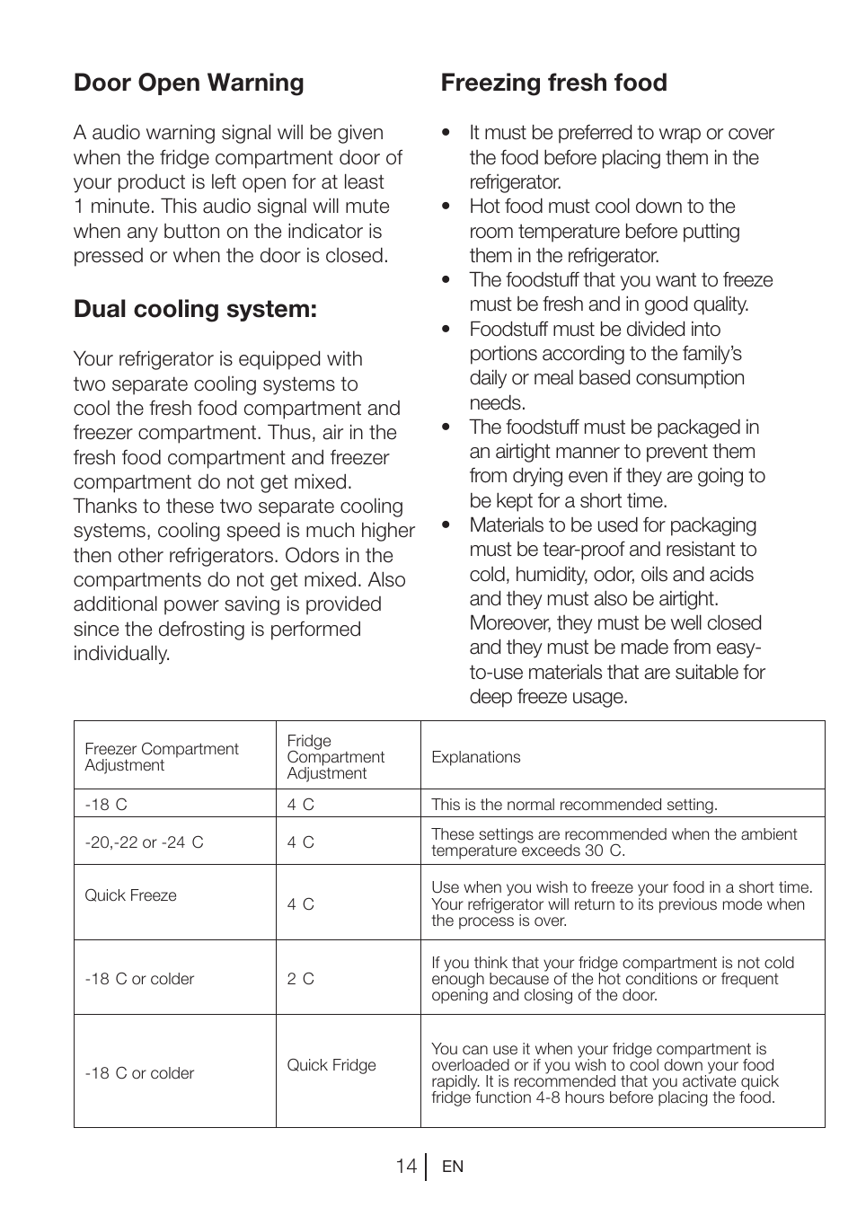 Door open warning, Dual cooling system, Freezing fresh food | Blomberg MKND 9860 PA+ User Manual | Page 40 / 97