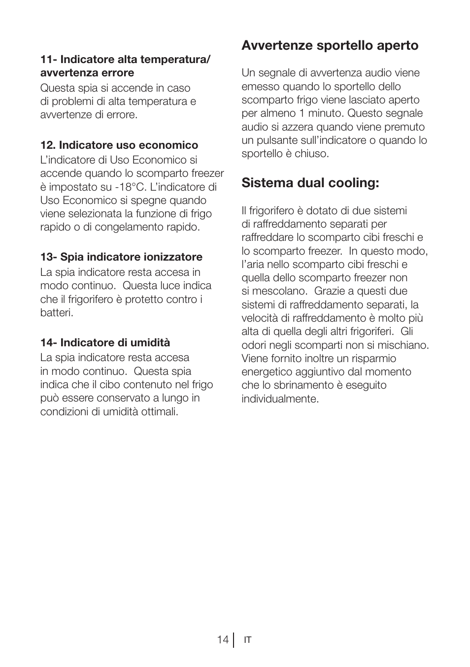 Avvertenze sportello aperto, Sistema dual cooling | Blomberg MKND 9860 PA+ User Manual | Page 62 / 97