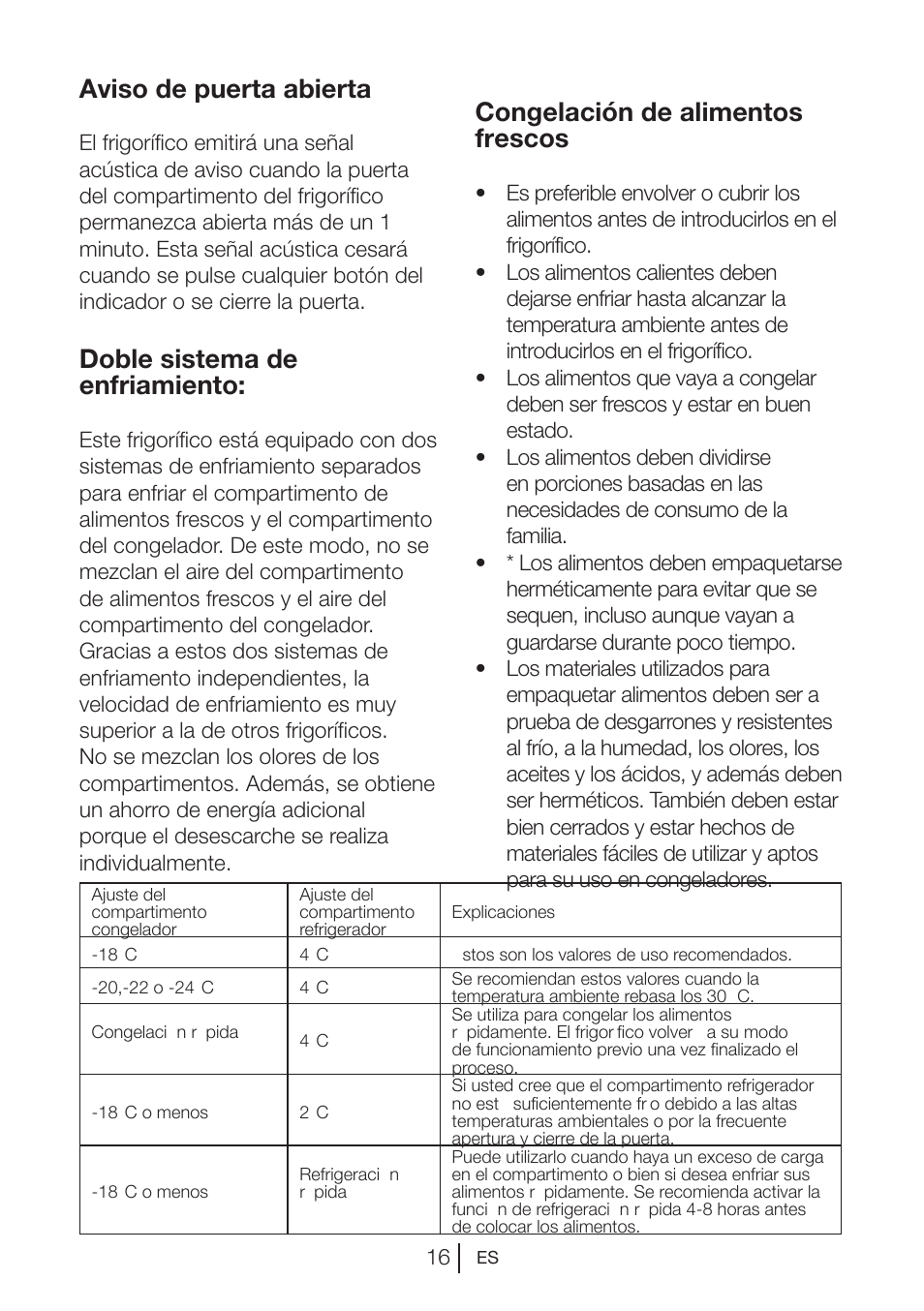 Aviso de puerta abierta, Doble sistema de enfriamiento, Congelación de alimentos frescos | Blomberg MKND 9860 PA+ User Manual | Page 87 / 97