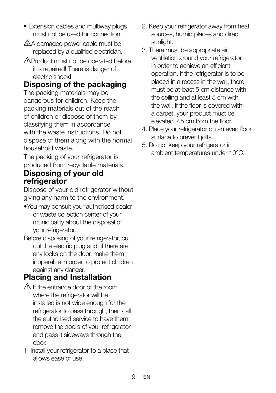 Disposing of the packaging, Disposing of your old refrigerator, Placing and installation a | Blomberg KSM 9510 X A+ User Manual | Page 10 / 112