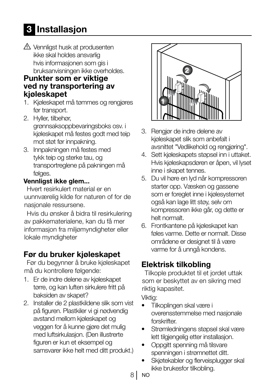 3installasjon, Før du bruker kjøleskapet, Elektrisk tilkobling | Blomberg KSM 9510 X A+ User Manual | Page 100 / 112