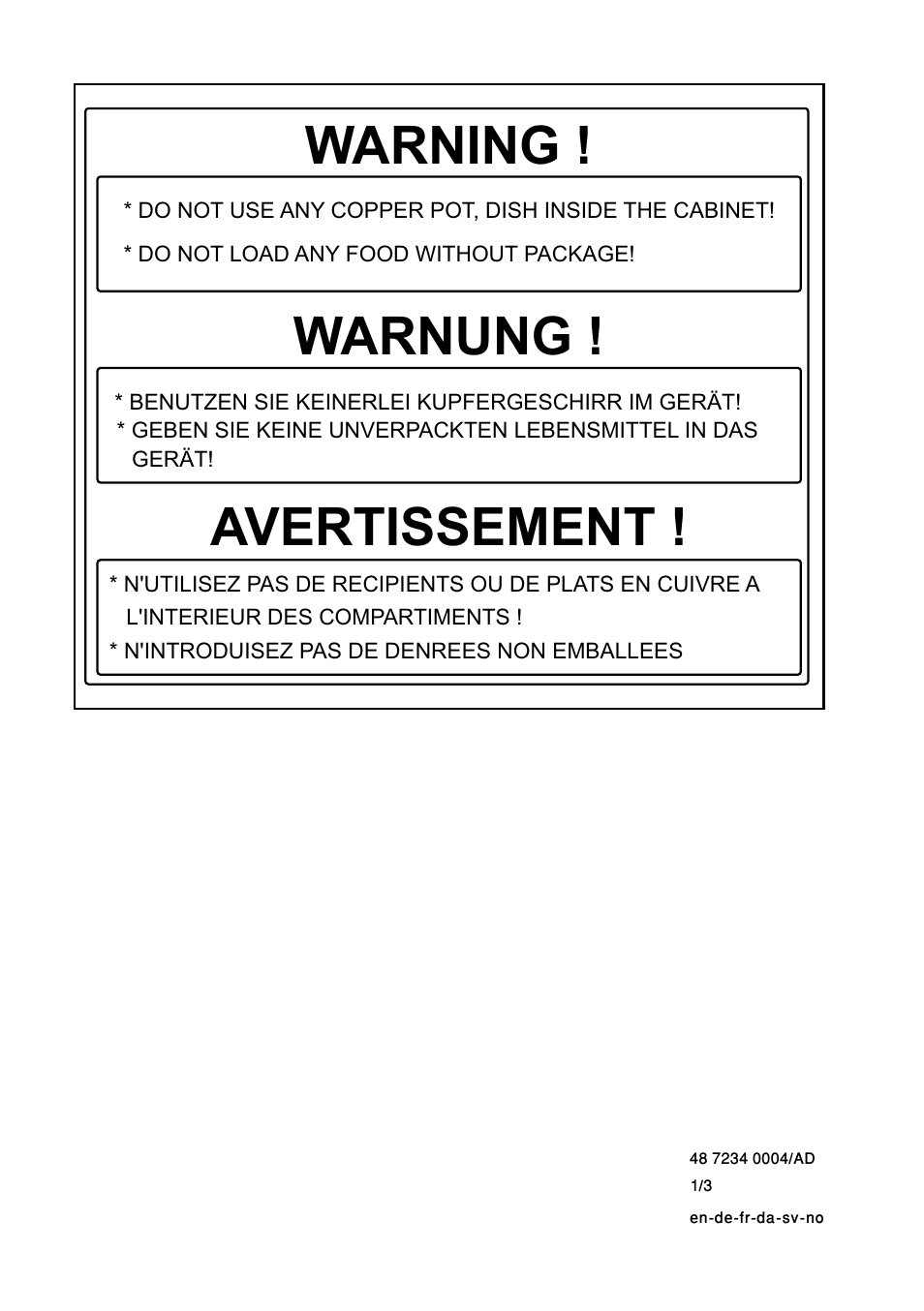 Warning, Warnung, Avertissement | Blomberg KSM 9510 X A+ User Manual | Page 112 / 112