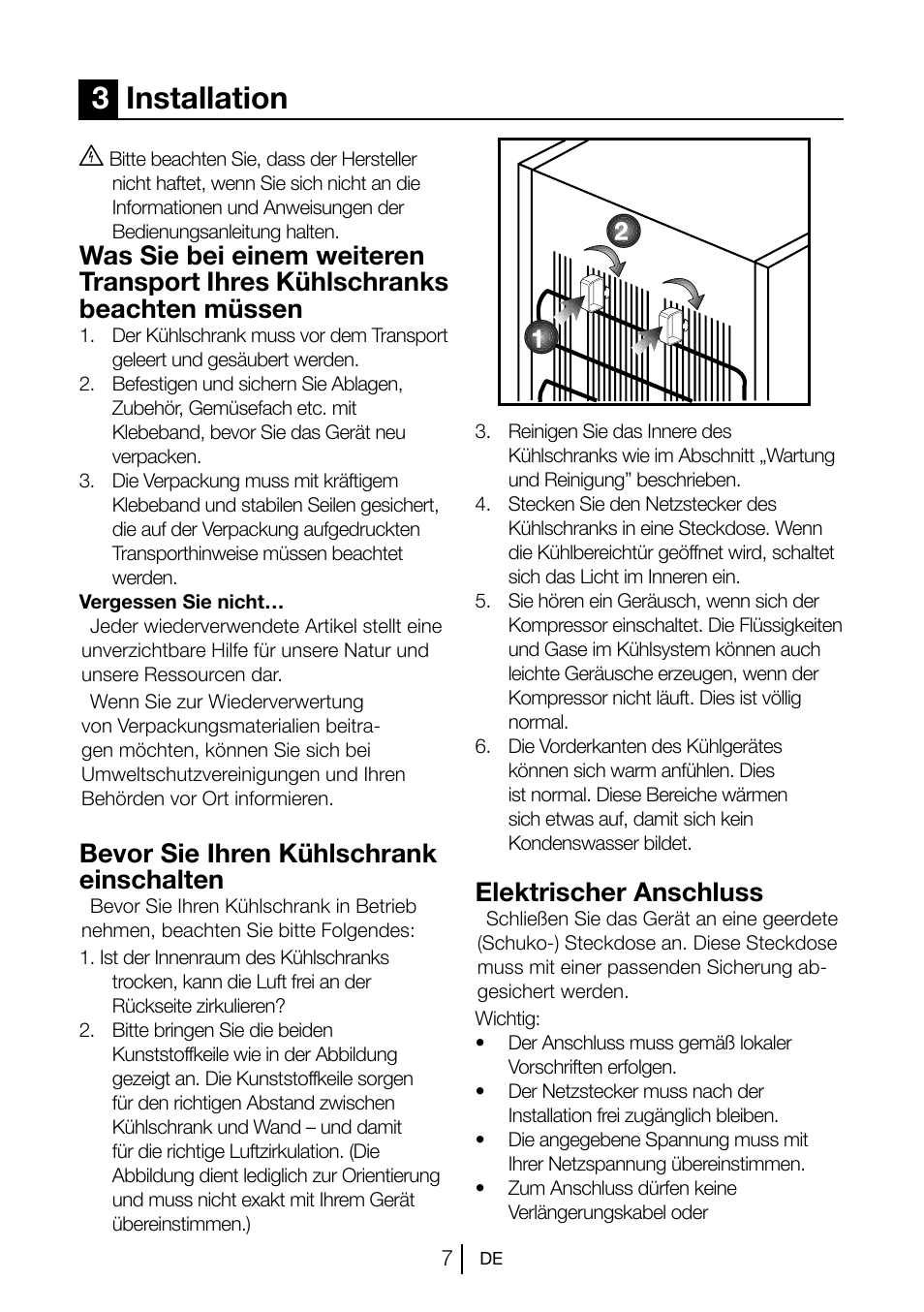 3installation, Bevor sie ihren kühlschrank einschalten, Elektrischer anschluss | Blomberg KSM 9510 X A+ User Manual | Page 26 / 112