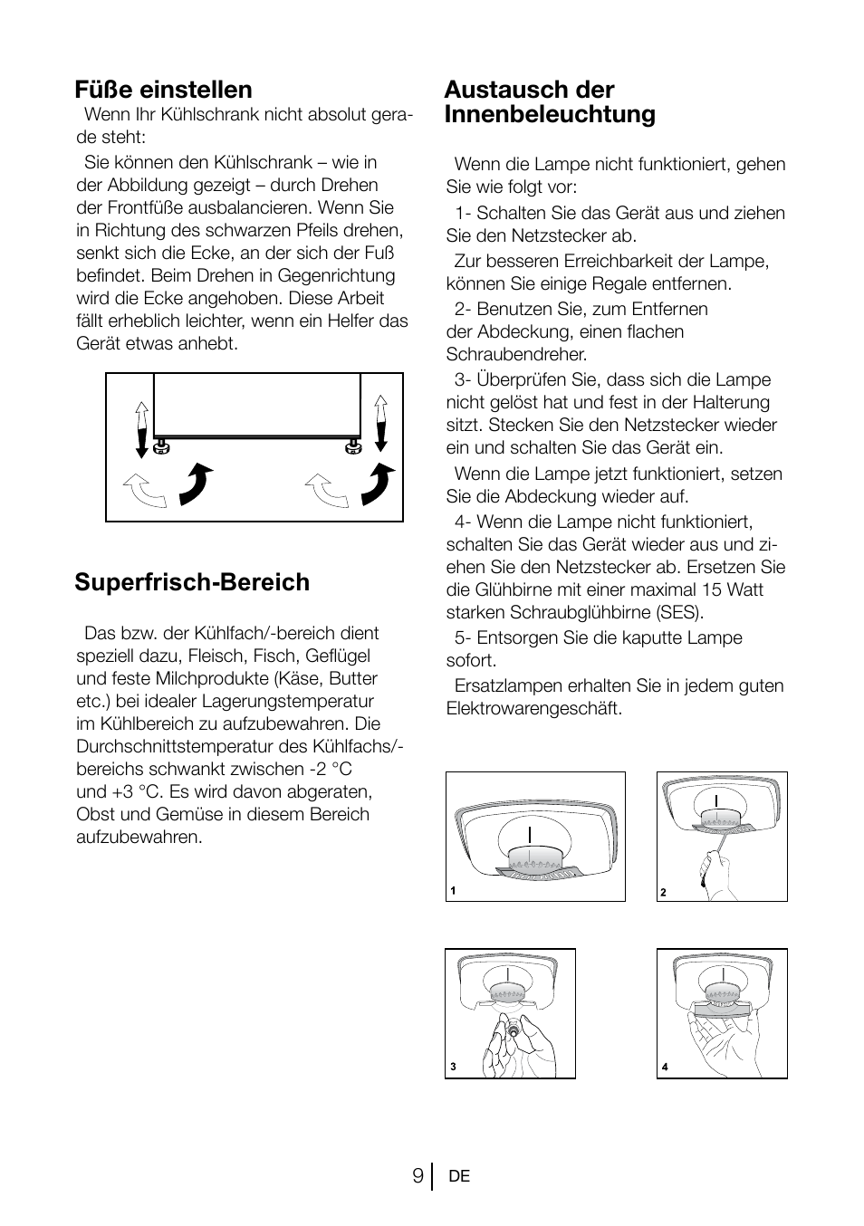 Füße einstellen, Austausch der innenbeleuchtung, Superfrisch-bereich | Blomberg KSM 9510 X A+ User Manual | Page 28 / 112