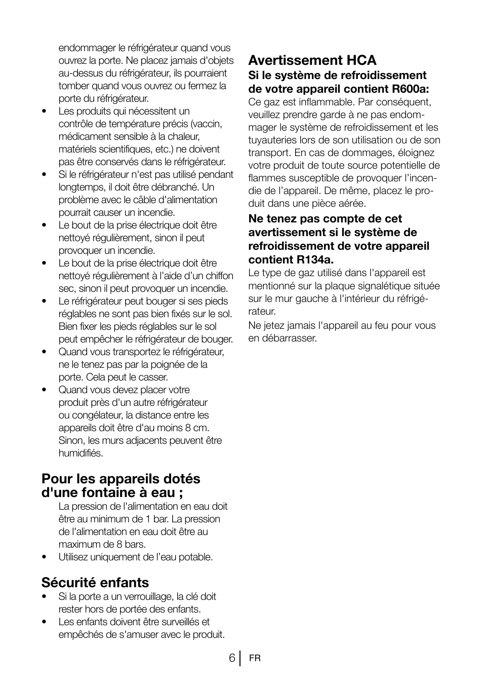 Pour les appareils dotés d'une fontaine à eau, Sécurité enfants, Avertissement hca | Blomberg KSM 9510 X A+ User Manual | Page 43 / 112
