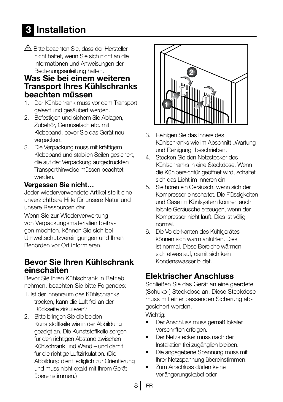 3installation, Bevor sie ihren kühlschrank einschalten, Elektrischer anschluss | Blomberg KSM 9510 X A+ User Manual | Page 45 / 112