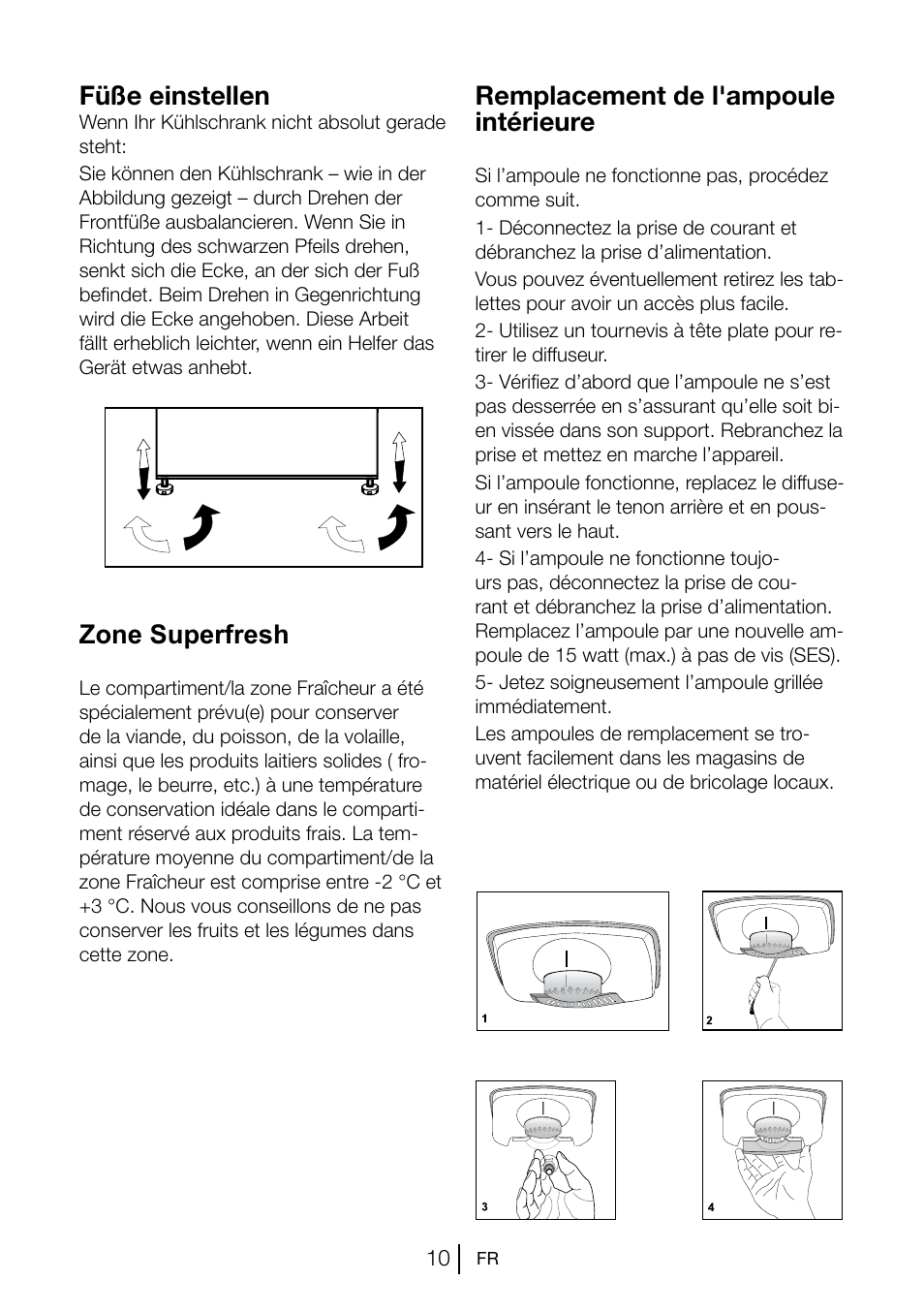 Füße einstellen, Remplacement de l'ampoule intérieure, Zone superfresh | Blomberg KSM 9510 X A+ User Manual | Page 47 / 112