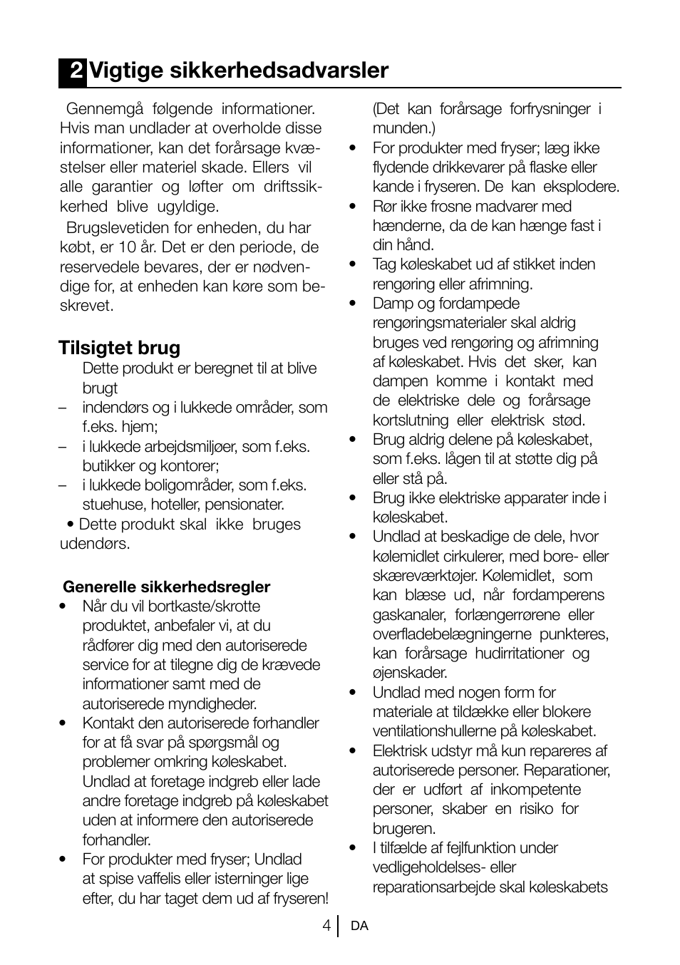 2vigtige sikkerhedsadvarsler, Tilsigtet brug | Blomberg KSM 9510 X A+ User Manual | Page 60 / 112