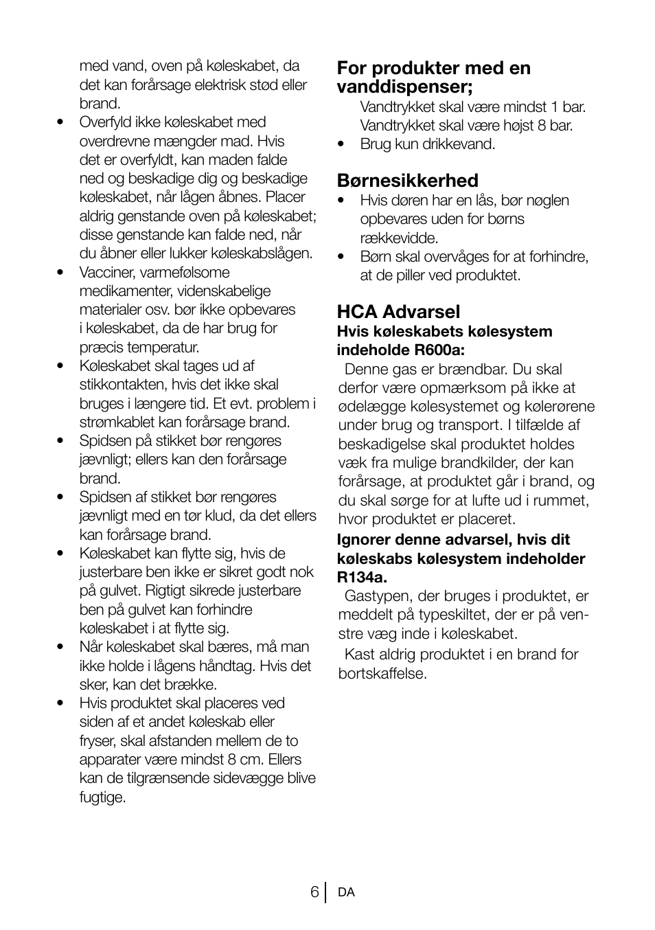 For produkter med en vanddispenser, Børnesikkerhed, Hca advarsel | Blomberg KSM 9510 X A+ User Manual | Page 62 / 112