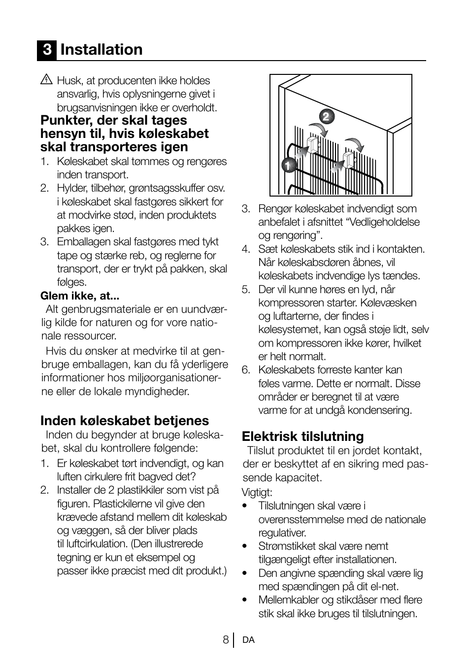 3installation, Inden køleskabet betjenes, Elektrisk tilslutning | Blomberg KSM 9510 X A+ User Manual | Page 64 / 112