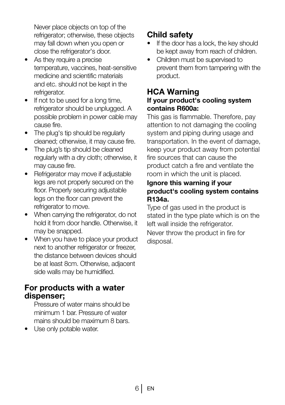 For products with a water dispenser, Child safety, Hca warning | Blomberg KSM 9510 X A+ User Manual | Page 7 / 112