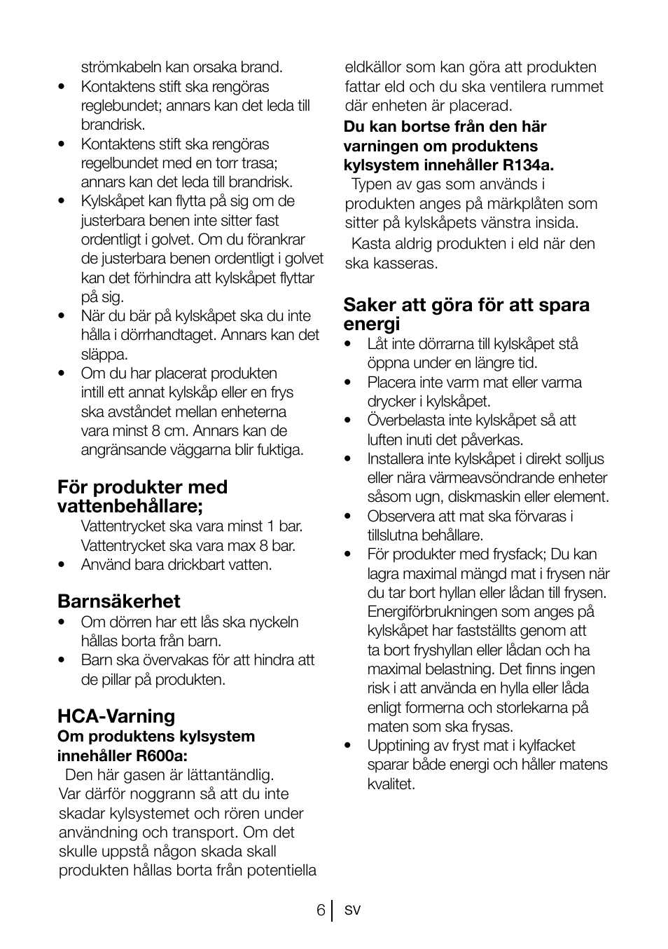 För produkter med vattenbehållare, Barnsäkerhet, Hca-varning | Saker att göra för att spara energi | Blomberg KSM 9510 X A+ User Manual | Page 81 / 112