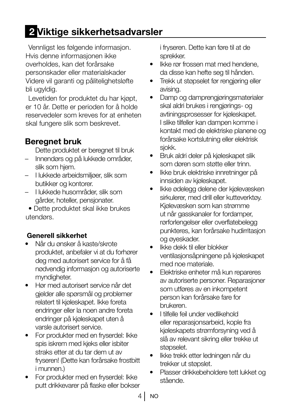 2viktige sikkerhetsadvarsler, Beregnet bruk | Blomberg KSM 9510 X A+ User Manual | Page 96 / 112