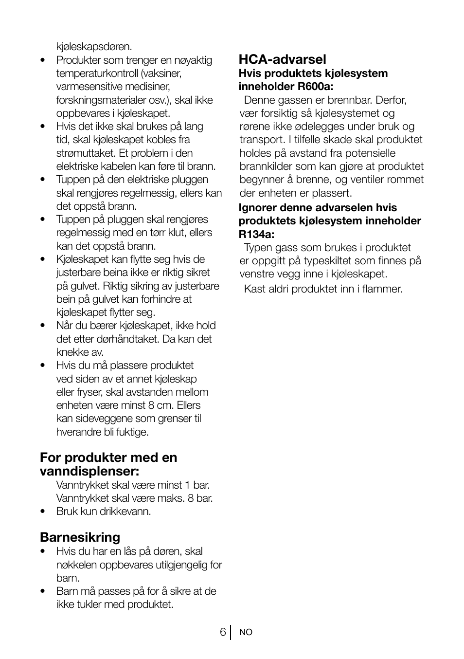 For produkter med en vanndisplenser, Barnesikring, Hca-advarsel | Blomberg KSM 9510 X A+ User Manual | Page 98 / 112