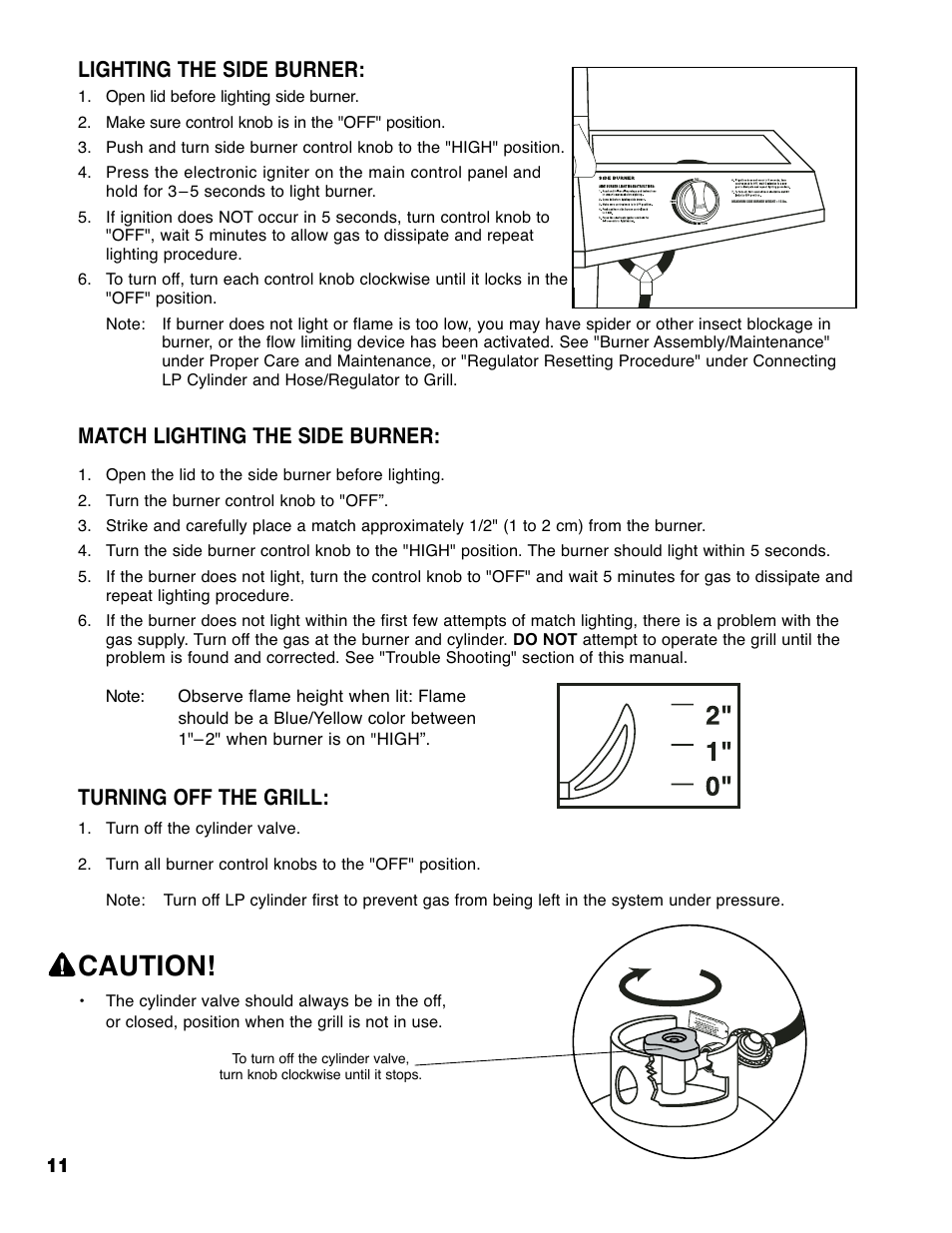 Caution, Lighting the side burner, Match lighting the side burner | Turning off the grill | Brinkmann 6430 User Manual | Page 12 / 36