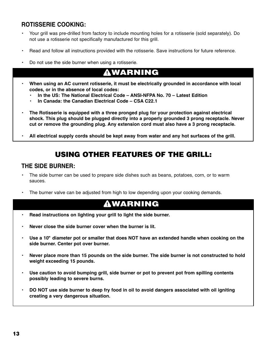 Warning, Using other features of the grill, Rotisserie cooking | The side burner | Brinkmann 6430 User Manual | Page 14 / 36