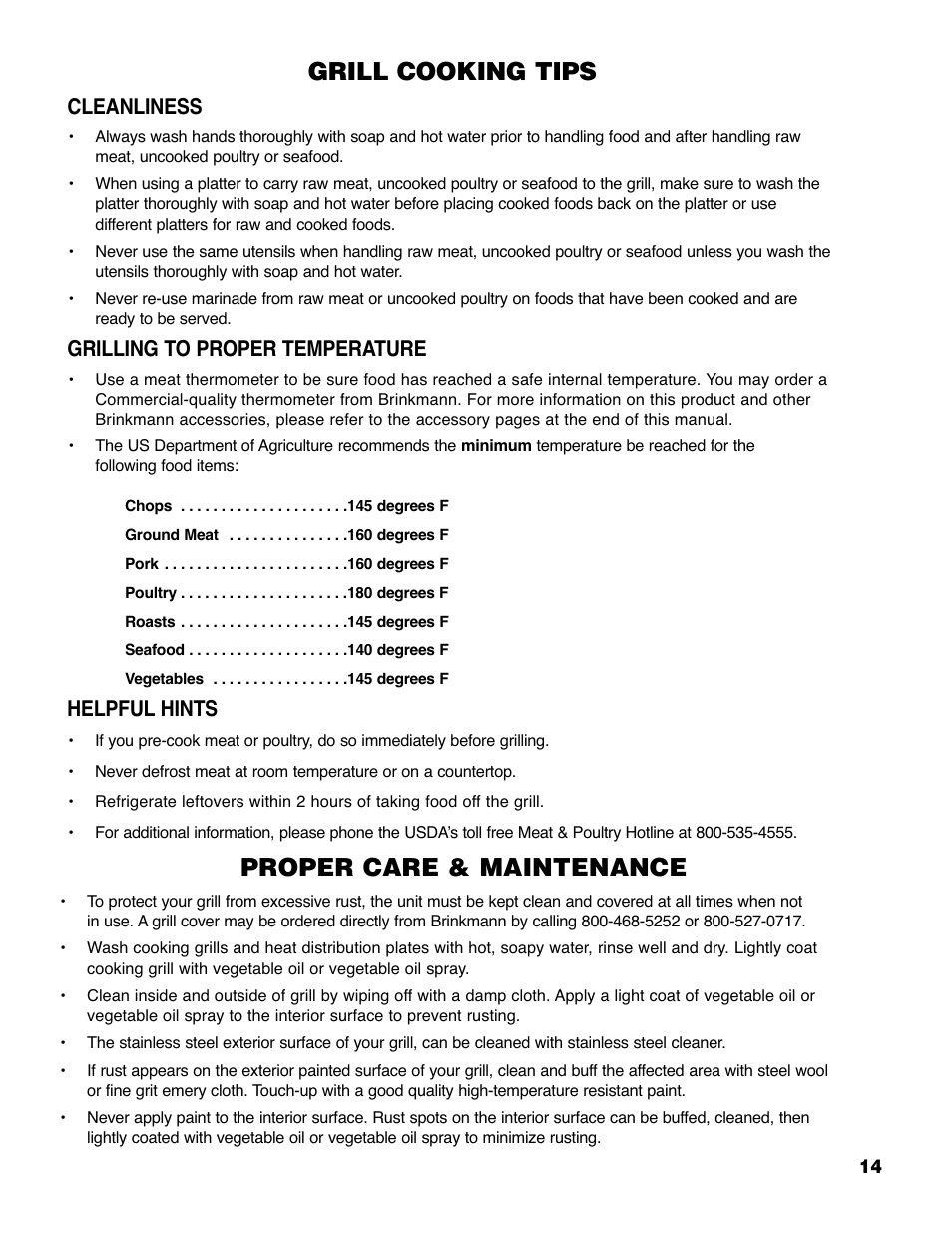 Grill cooking tips, Proper care & maintenance, Cleanliness | Grilling to proper temperature, Helpful hints | Brinkmann 6430 User Manual | Page 15 / 36