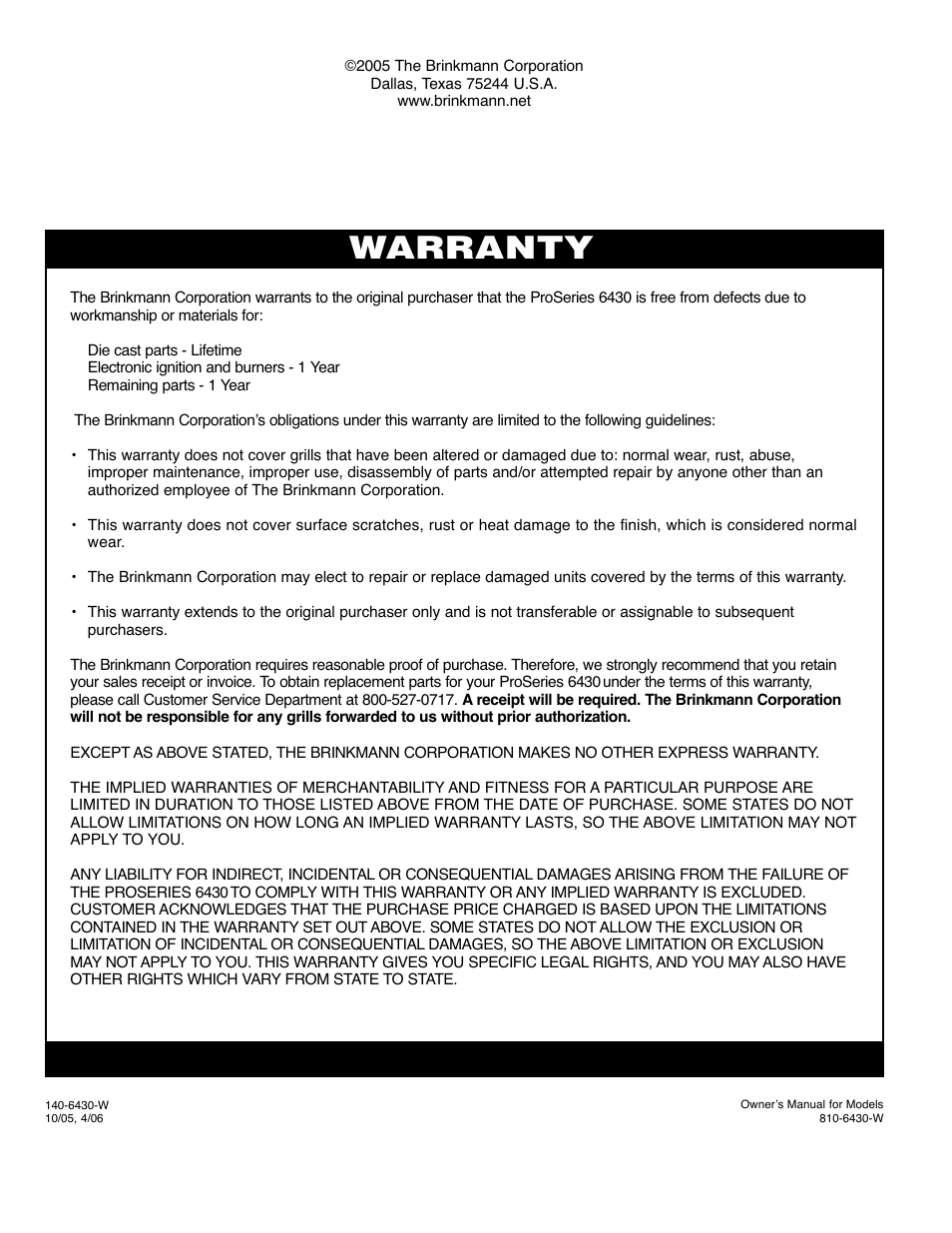 Warranty | Brinkmann 6430 User Manual | Page 36 / 36