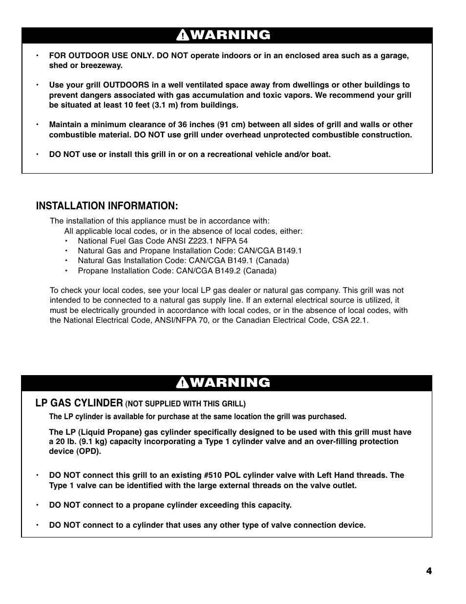 Warning, Lp gas cylinder, Installation information | Brinkmann 6430 User Manual | Page 5 / 36