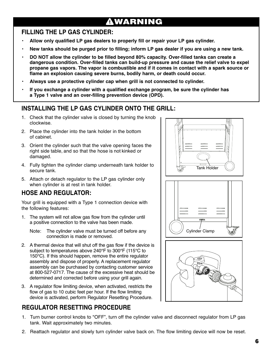 Warning, Filling the lp gas cylinder, Installing the lp gas cylinder onto the grill | Hose and regulator, Regulator resetting procedure | Brinkmann 6430 User Manual | Page 7 / 36