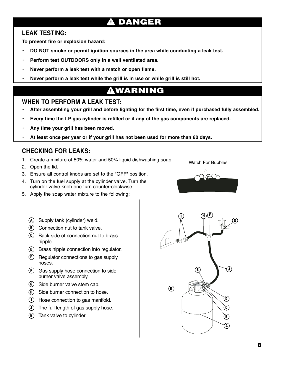 Warning, Danger, Leak testing | When to perform a leak test, Checking for leaks | Brinkmann 6430 User Manual | Page 9 / 36