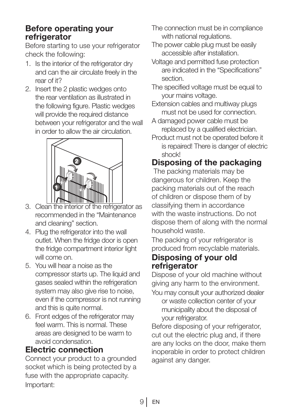 Before operating your refrigerator, Disposing of the packaging, Disposing of your old refrigerator | Electric connection | Blomberg KSM 9640 A+ User Manual | Page 10 / 94