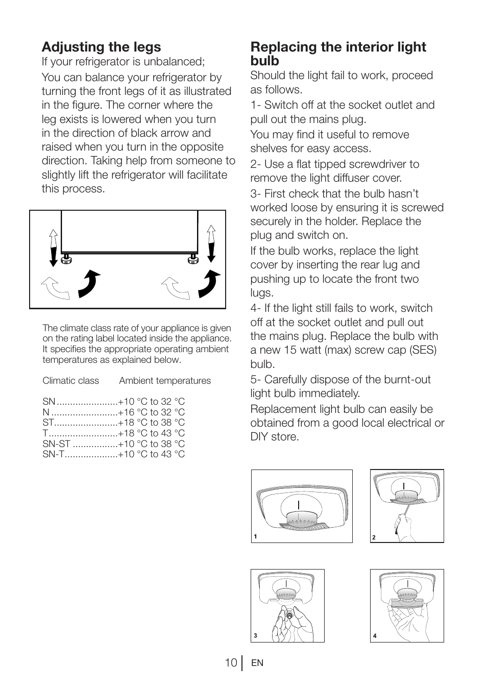 Adjusting the legs, Replacing the interior light bulb | Blomberg KSM 9640 A+ User Manual | Page 11 / 94