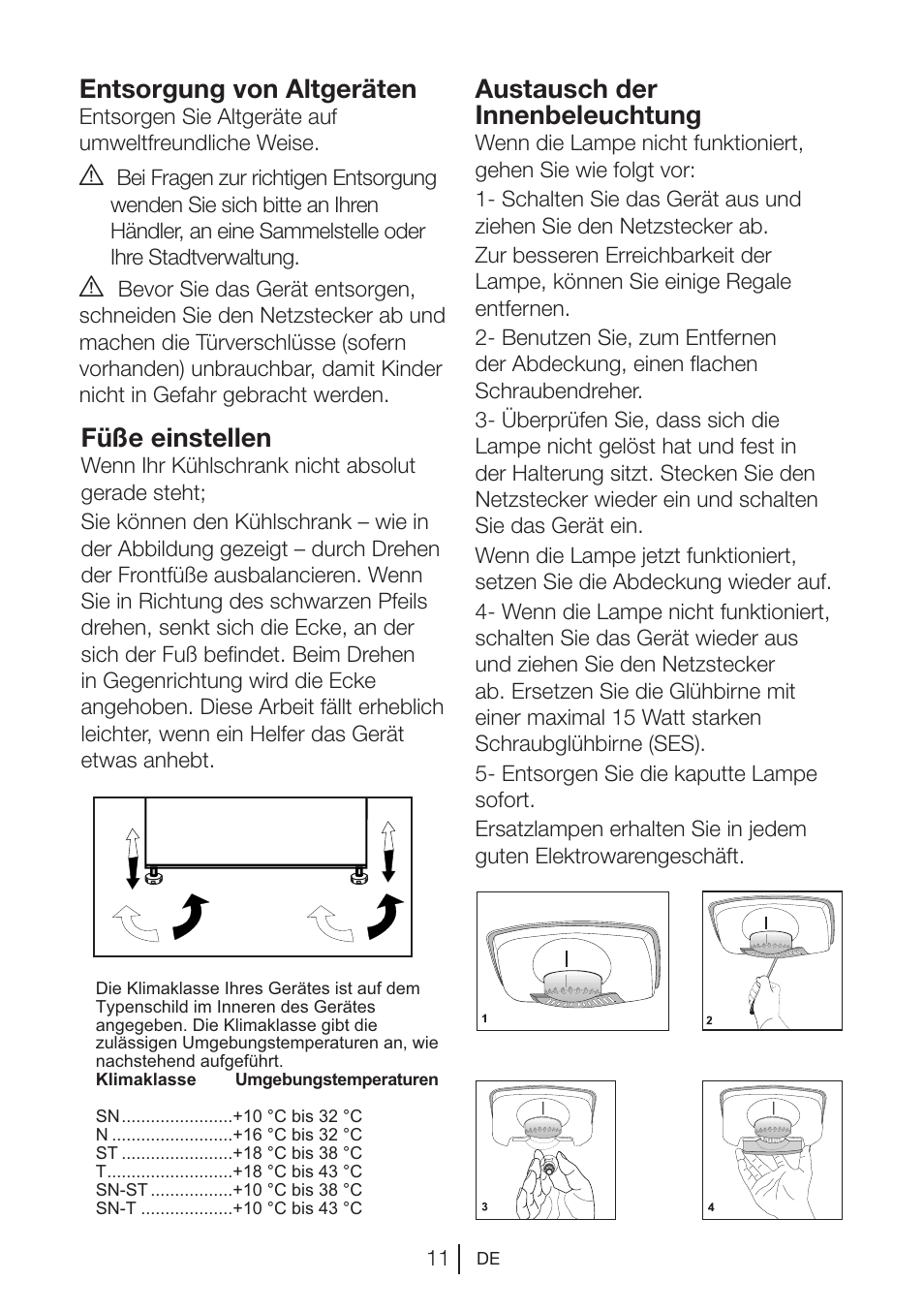 Entsorgung von altgeräten, Füße einstellen, Austausch der innenbeleuchtung | Blomberg KSM 9640 A+ User Manual | Page 30 / 94