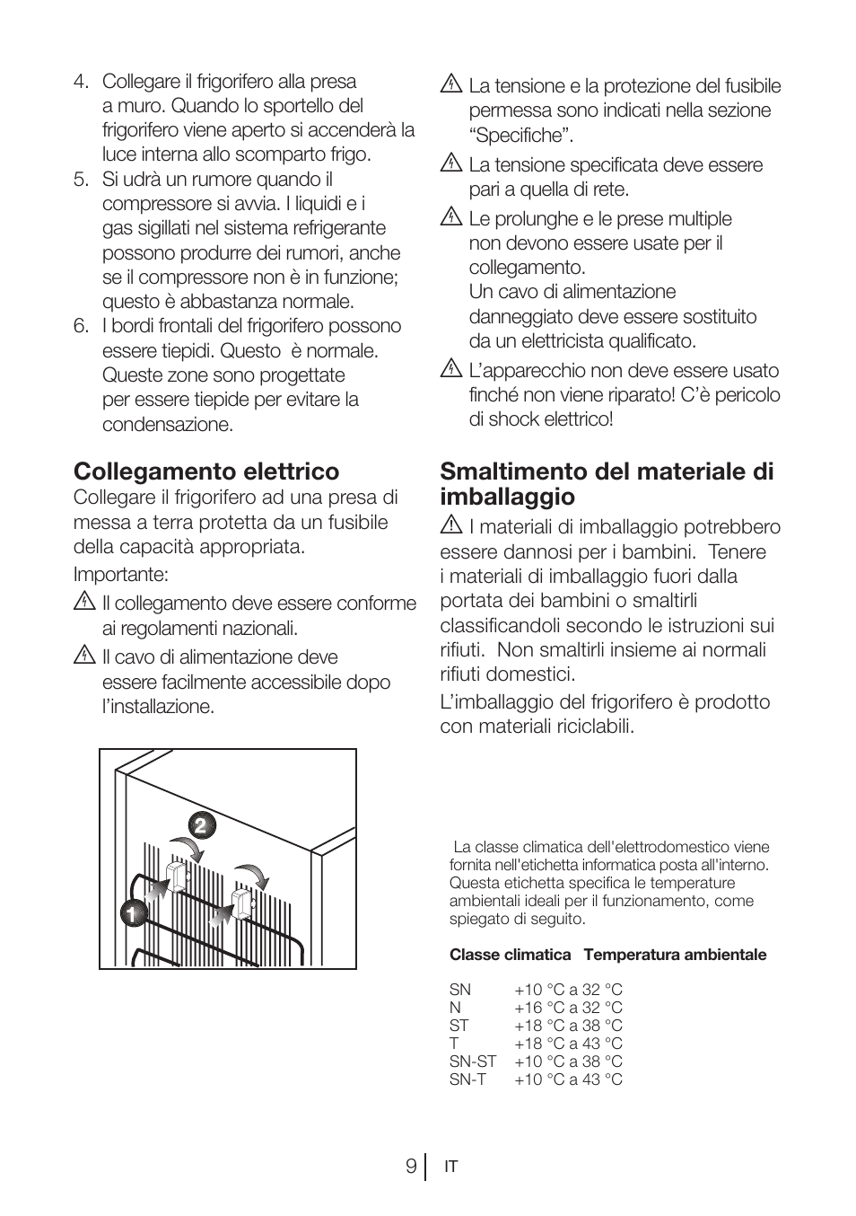 Collegamento elettrico, Smaltimento del materiale di imballaggio a | Blomberg KSM 9640 A+ User Manual | Page 47 / 94