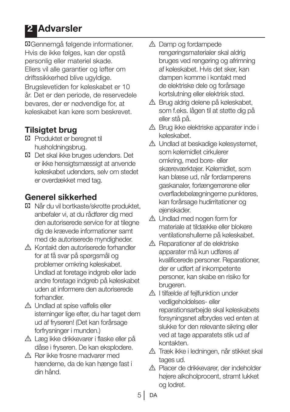 2advarsler, Tilsigtet brug, Generel sikkerhed | Blomberg KSM 9640 A+ User Manual | Page 61 / 94