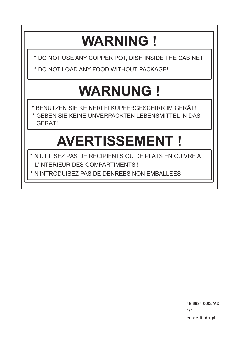Warning, Warnung, Avertissement | Blomberg KSM 9640 A+ User Manual | Page 94 / 94