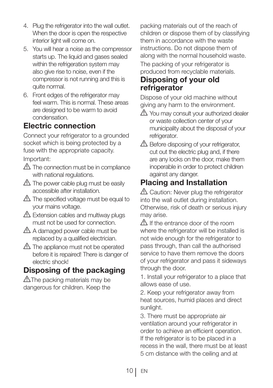 Electric connection, Disposing of the packaging a, Disposing of your old refrigerator | Placing and installation b | Blomberg KWD 9440 X A+ User Manual | Page 11 / 601