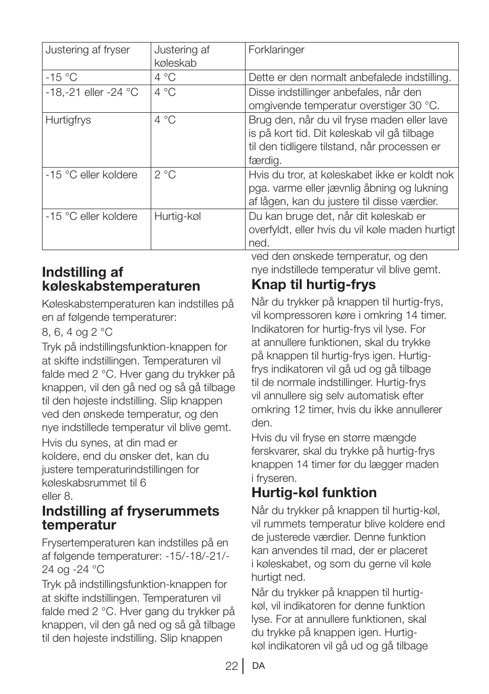 Indstilling af køleskabstemperaturen, Indstilling af fryserummets temperatur, Knap til hurtig-frys | Hurtig-køl funktion | Blomberg KWD 9440 X A+ User Manual | Page 166 / 601