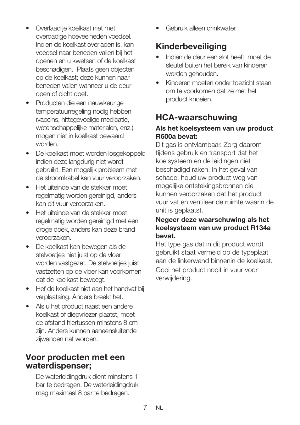 Voor producten met een waterdispenser, Kinderbeveiliging, Hca-waarschuwing | Blomberg KWD 9440 X A+ User Manual | Page 186 / 601