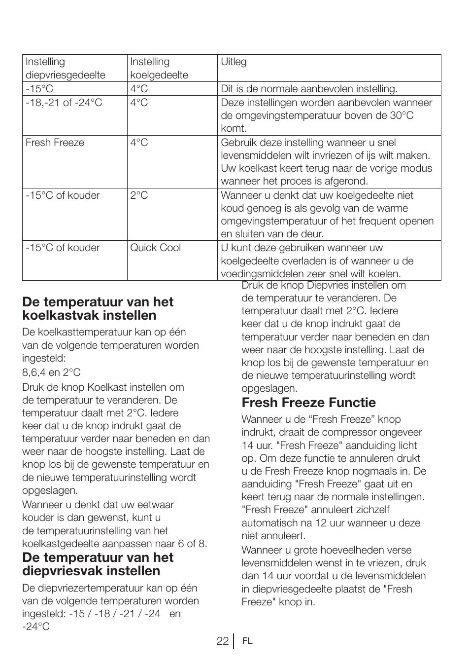De temperatuur van het koelkastvak instellen, De temperatuur van het diepvriesvak instellen, Fresh freeze functie | Blomberg KWD 9440 X A+ User Manual | Page 236 / 601