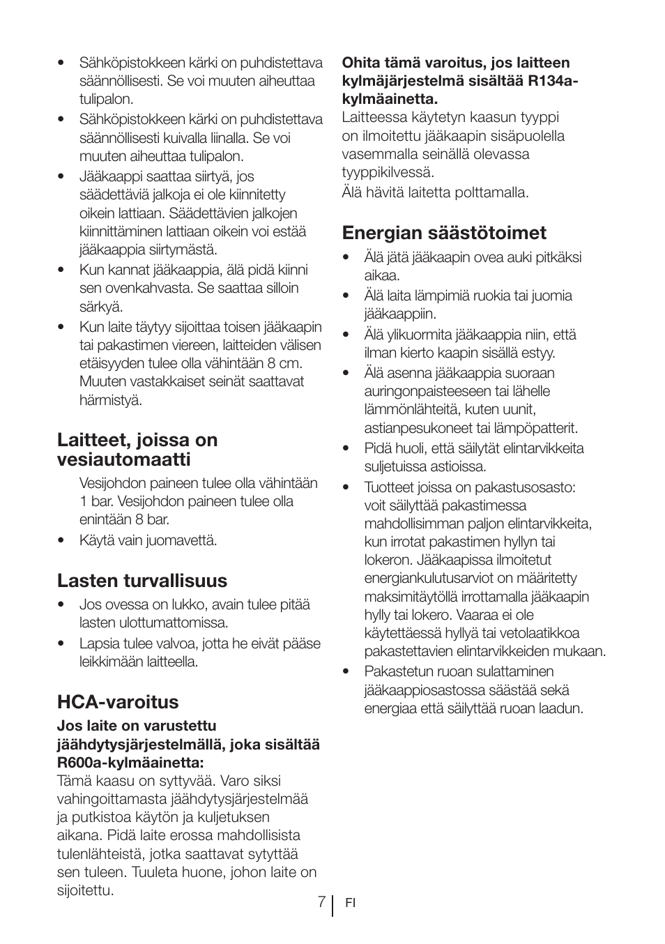 Laitteet, joissa on vesiautomaatti, Lasten turvallisuus, Hca-varoitus | Energian säästötoimet | Blomberg KWD 9440 X A+ User Manual | Page 291 / 601