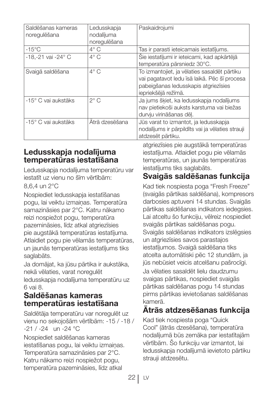 Ledusskapja nodalījuma temperatūras iestatīšana, Saldēšanas kameras temperatūras iestatīšana, Svaigās saldēšanas funkcija | Ātrās atdzesēšanas funkcija | Blomberg KWD 9440 X A+ User Manual | Page 409 / 601