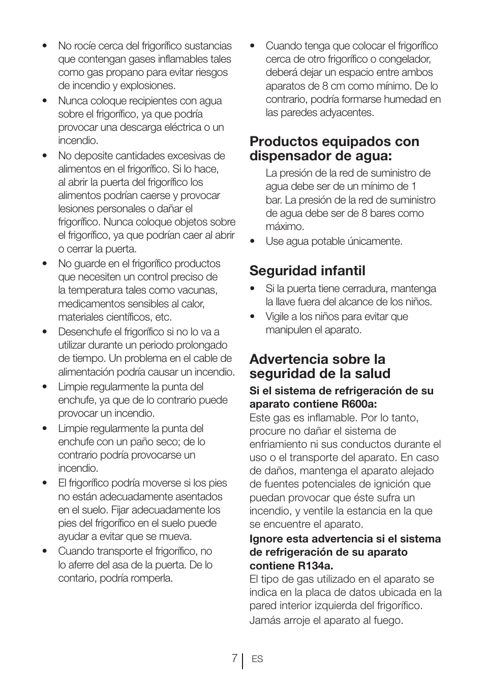 Productos equipados con dispensador de agua, Seguridad infantil, Advertencia sobre la seguridad de la salud | Blomberg KWD 9440 X A+ User Manual | Page 429 / 601