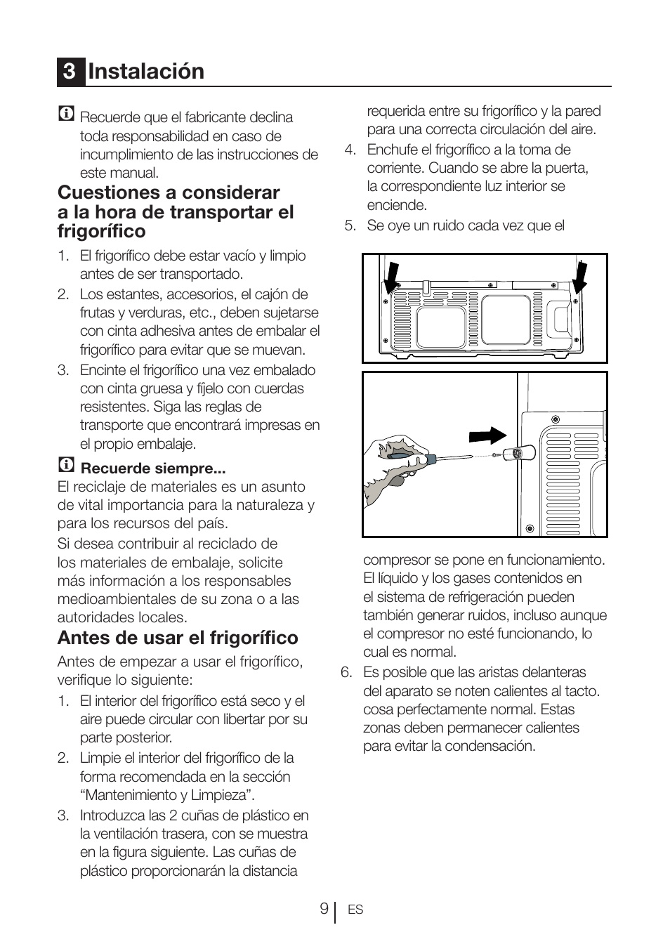 3instalación c, Antes de usar el frigorífico | Blomberg KWD 9440 X A+ User Manual | Page 431 / 601