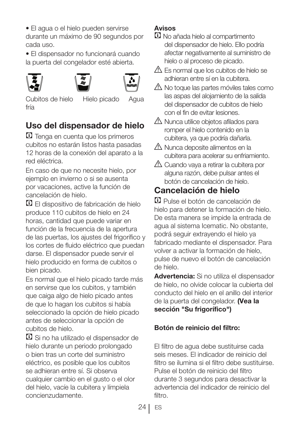 Uso del dispensador de hielo c, Cancelación de hielo c | Blomberg KWD 9440 X A+ User Manual | Page 446 / 601