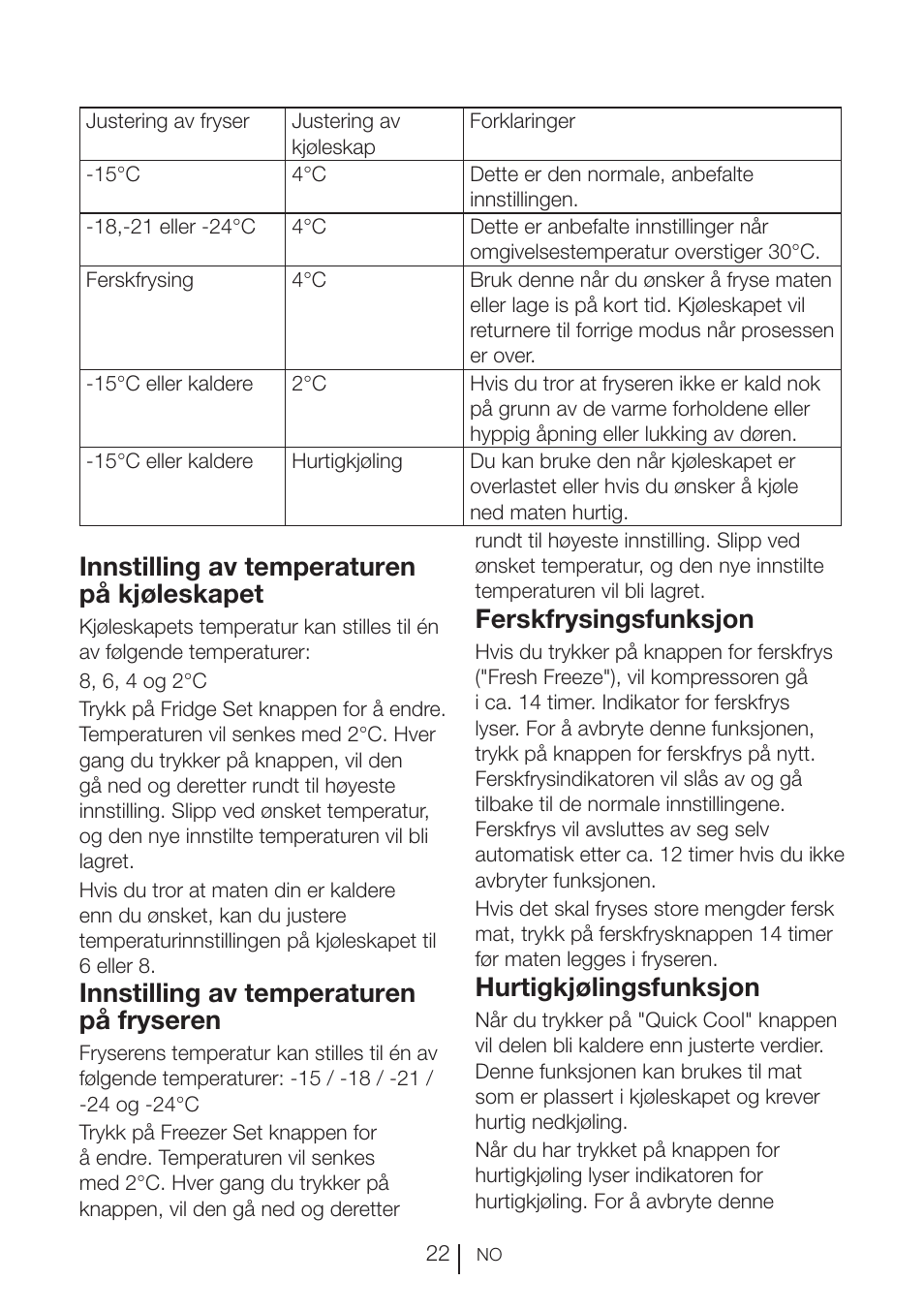 Innstilling av temperaturen på kjøleskapet, Innstilling av temperaturen på fryseren, Ferskfrysingsfunksjon | Hurtigkjølingsfunksjon | Blomberg KWD 9440 X A+ User Manual | Page 480 / 601