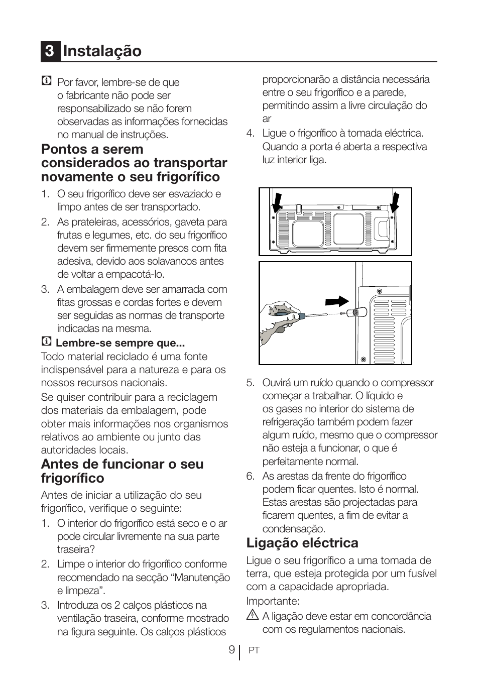 3instalação, Antes de funcionar o seu frigorífico, Ligação eléctrica | Blomberg KWD 9440 X A+ User Manual | Page 502 / 601